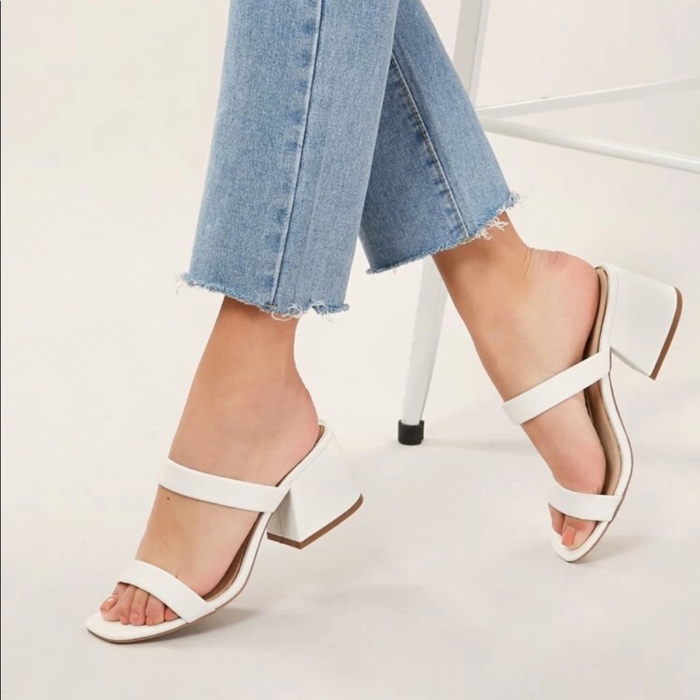 Square Open Toe Two Band Low Block Heel Sandals